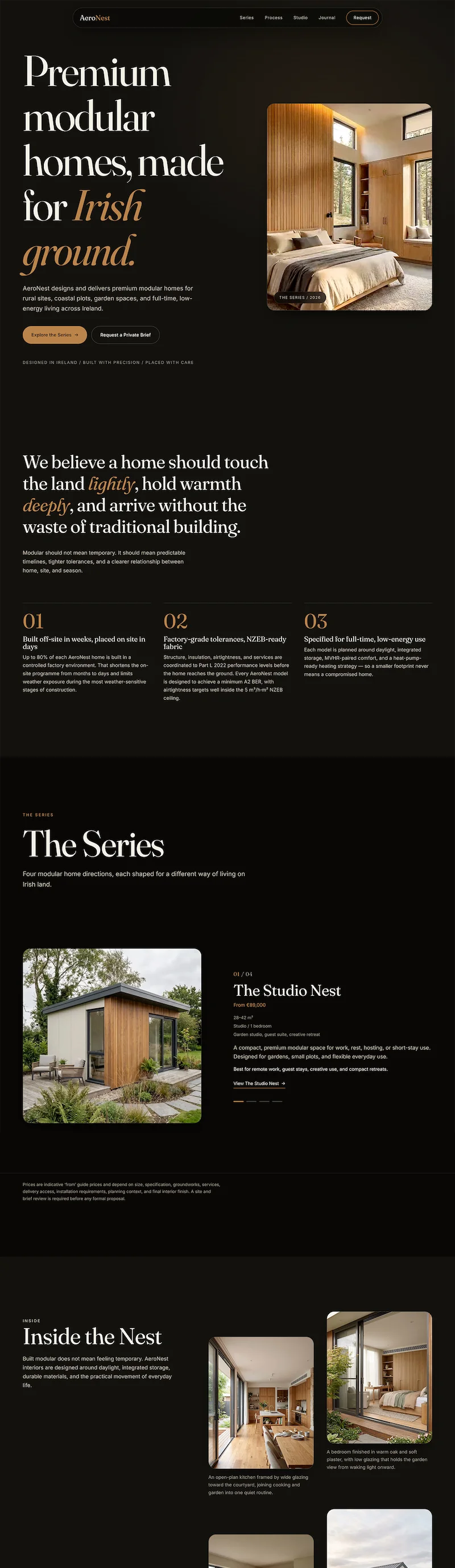 Section crop from the AeroNest Homes build — dark, editorial home-builder site