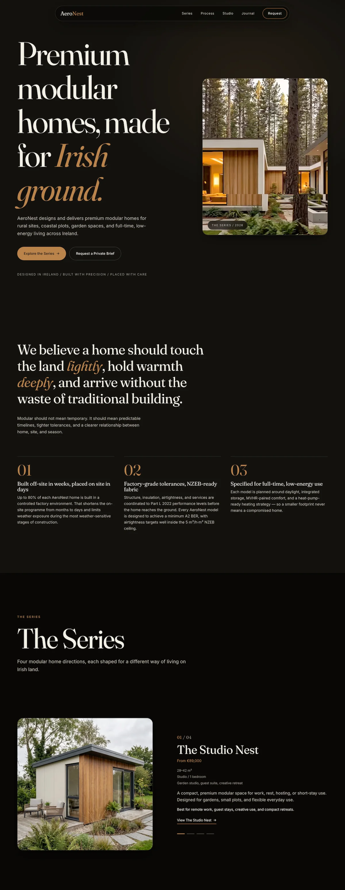 Full-length screenshot of the AeroNest Homes modular homes website