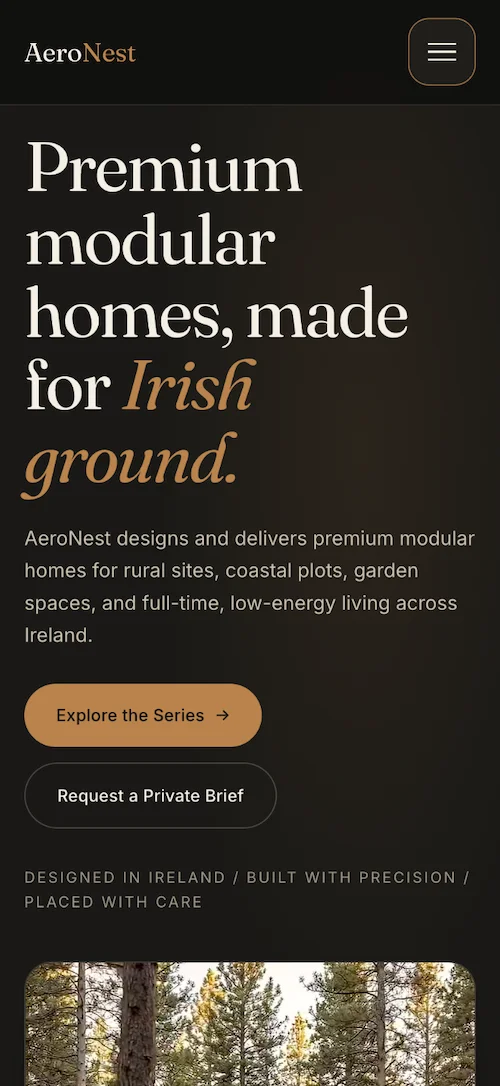 Mobile view of the AeroNest Homes home page