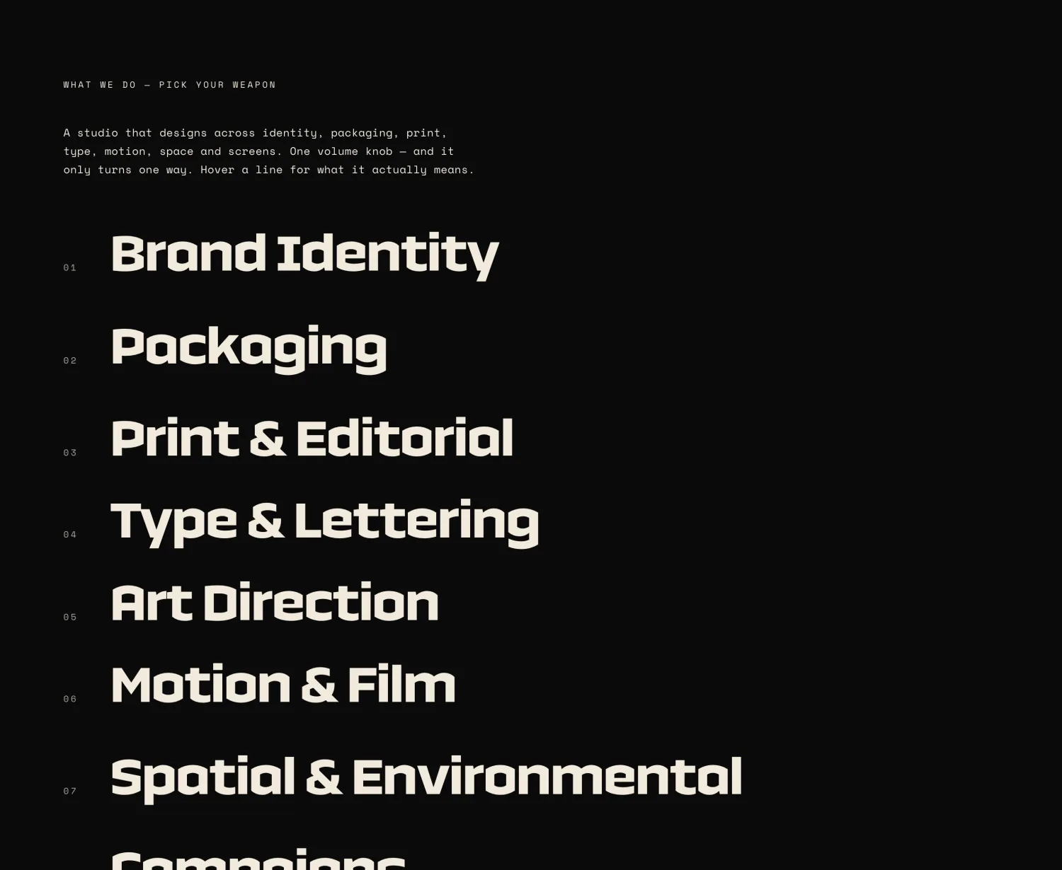 Frenzy’s services rendered as oversized type instead of icon cards