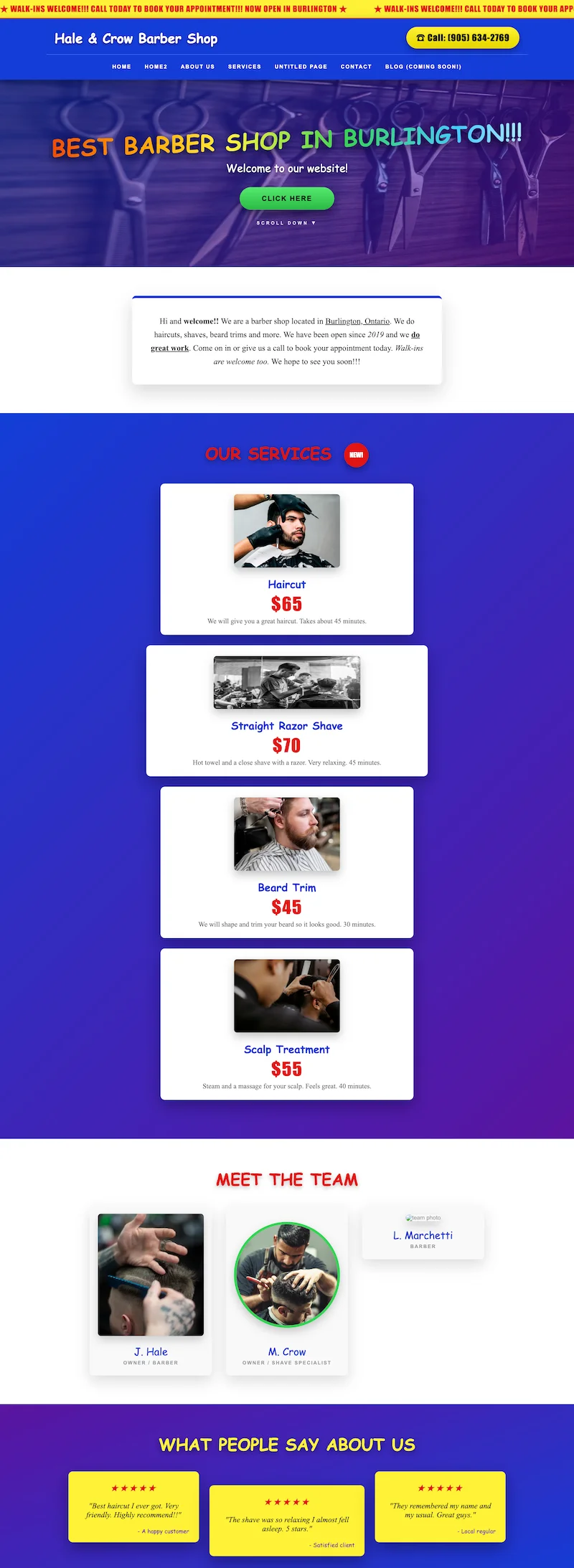 The Hale & Crow website before the redesign — a purple template with rainbow lettering, a scrolling banner, stock photography, a broken team portrait, and a phone number as the only way to book