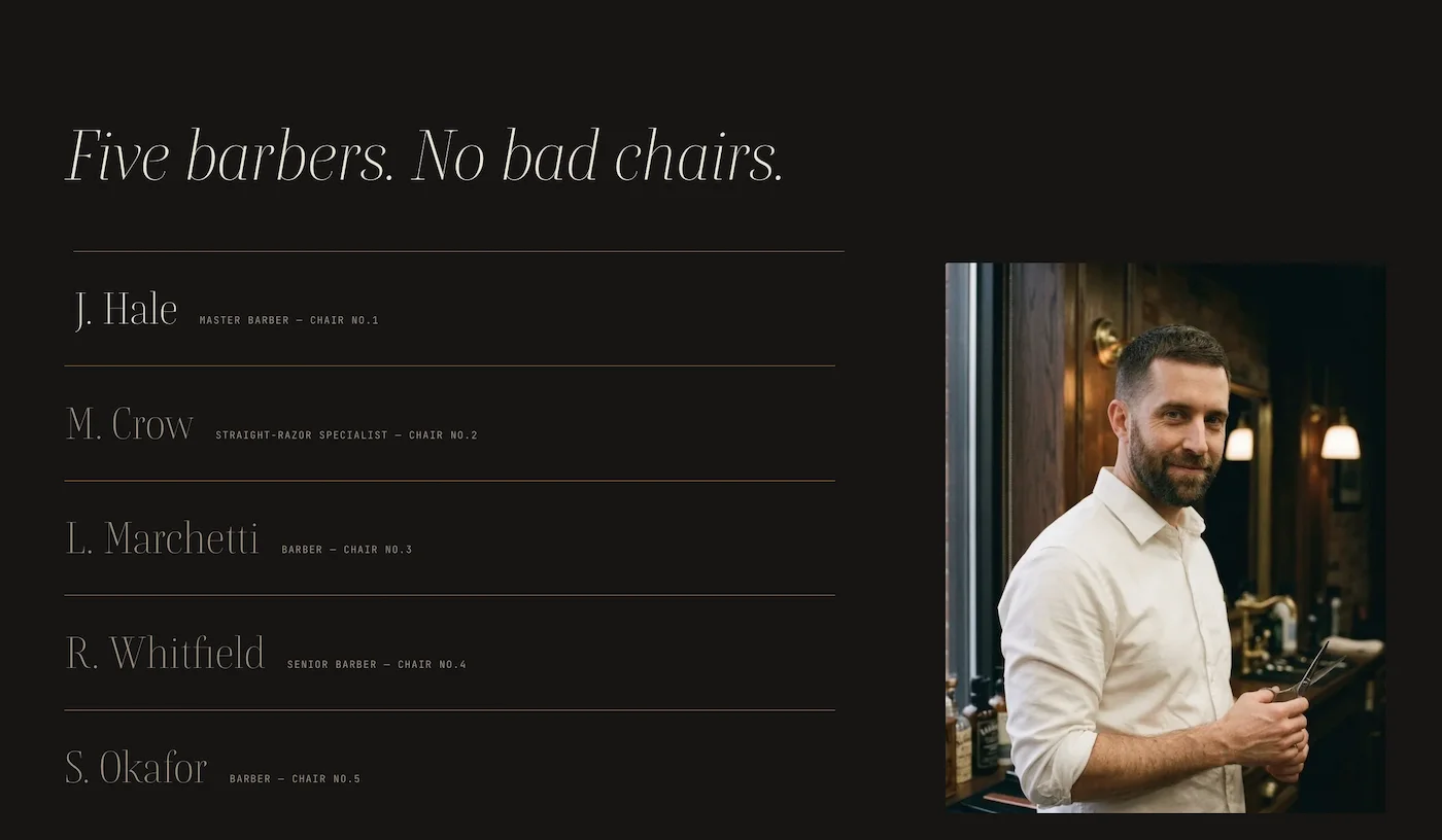 The team section — five barbers listed by name and chair, with a portrait alongside