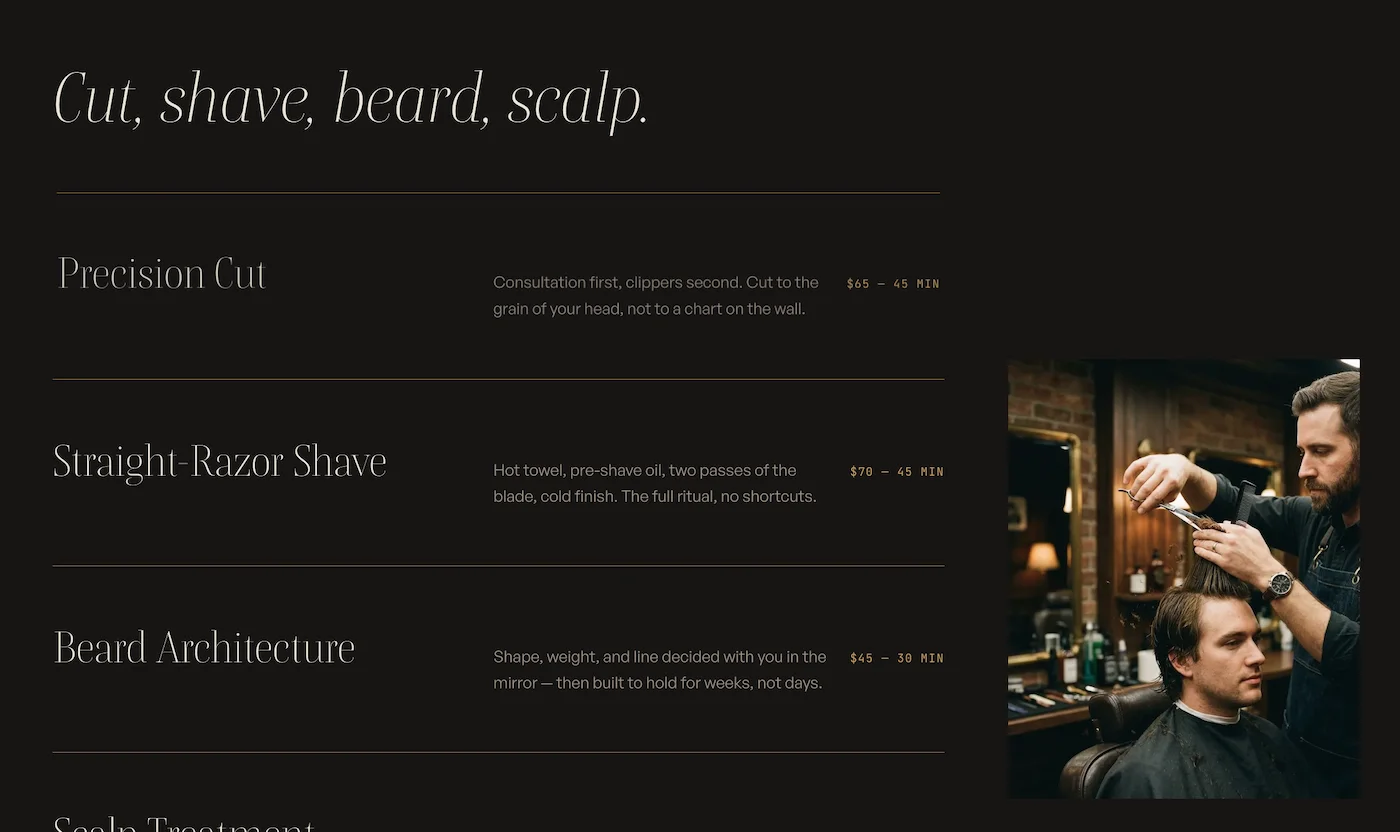 The home service menu — cut, shave, beard and scalp, each with its price