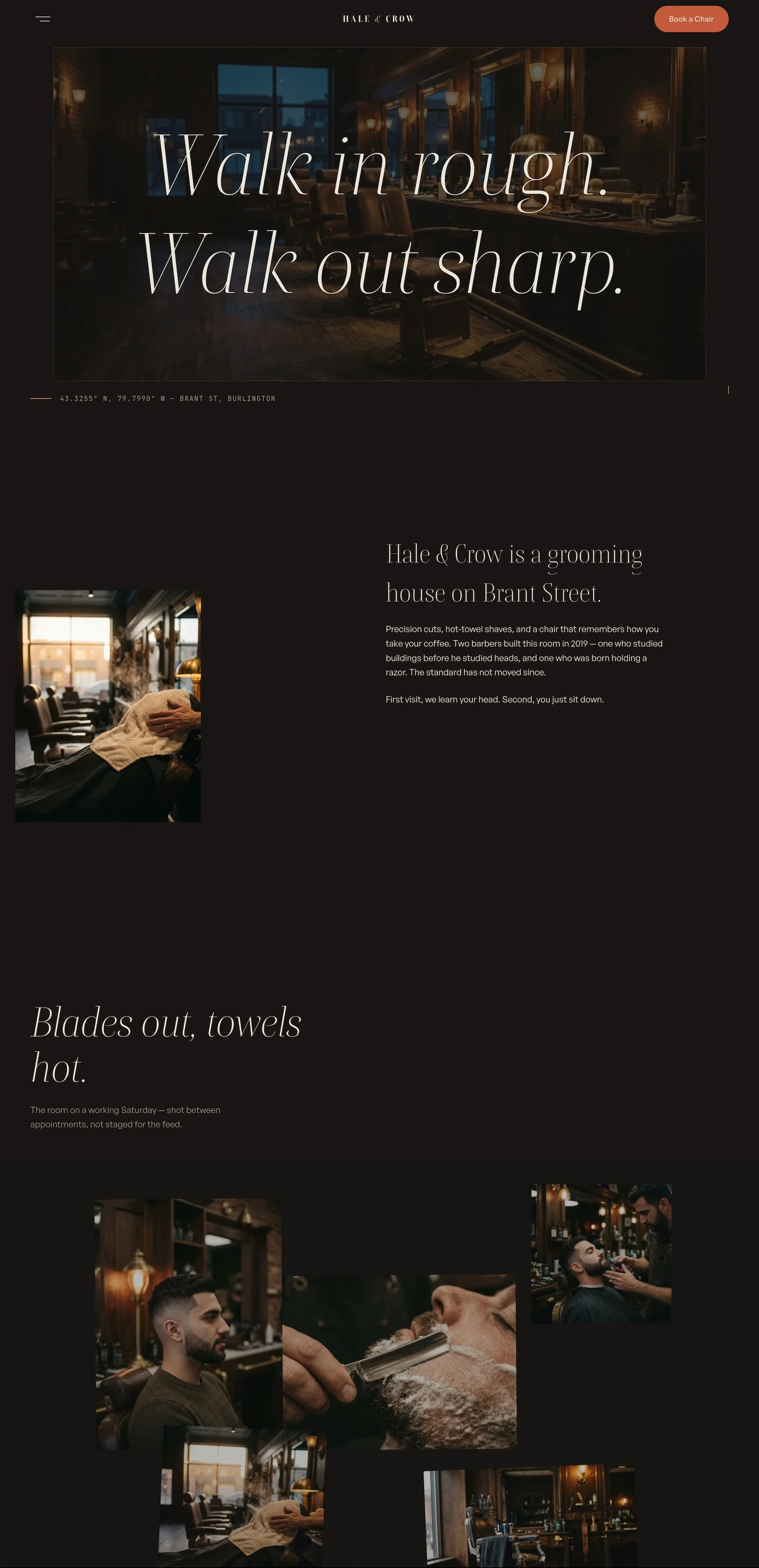 Full-length screenshot of the Hale & Crow barbershop website