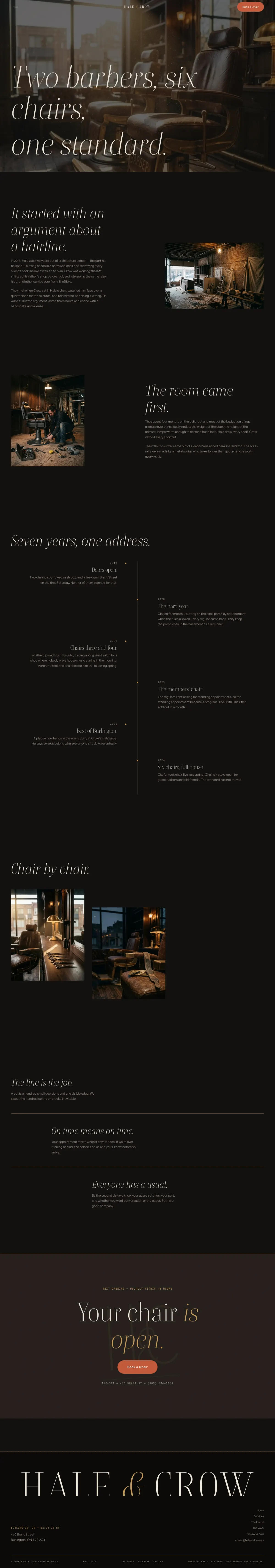 The House page, top to bottom — story bands, a brass timeline and chair-flip panels