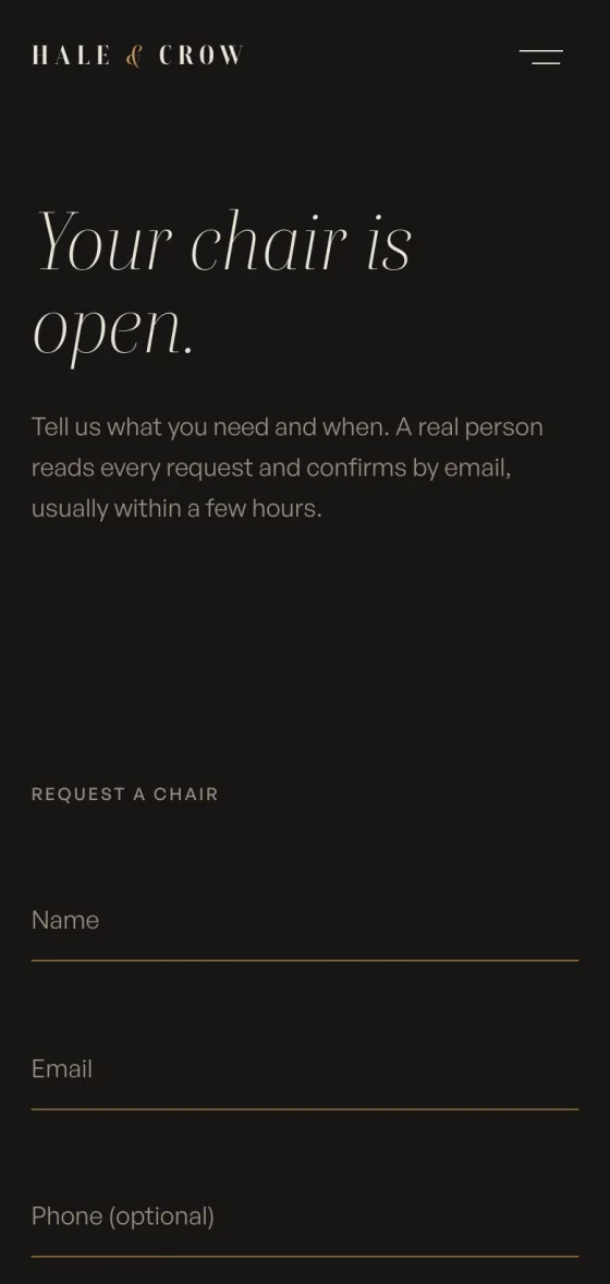 The Book a Chair page on mobile