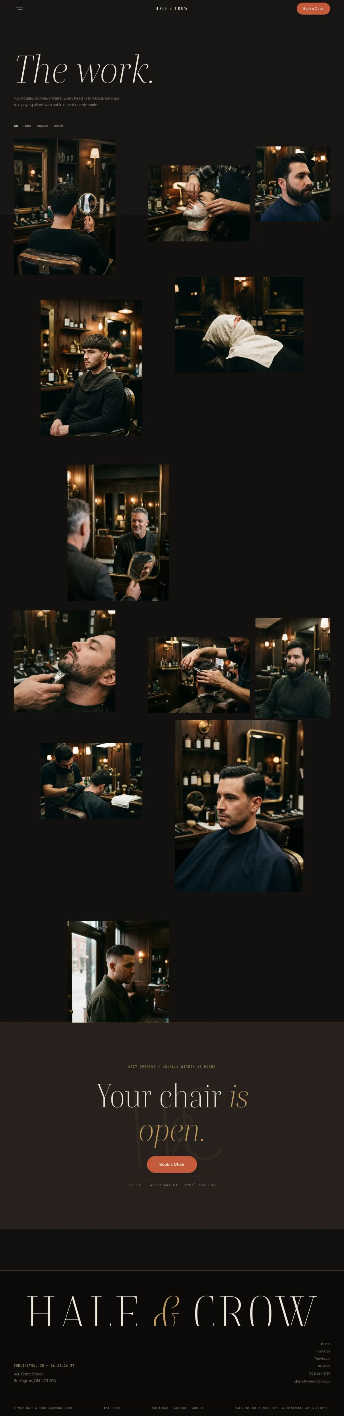 The Work lookbook page, top to bottom — the shop's cuts, shaves and beard work