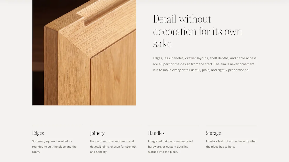 Collections section of the redesign: solid oak pieces grouped by dining, storage, and shelving, with a room photo