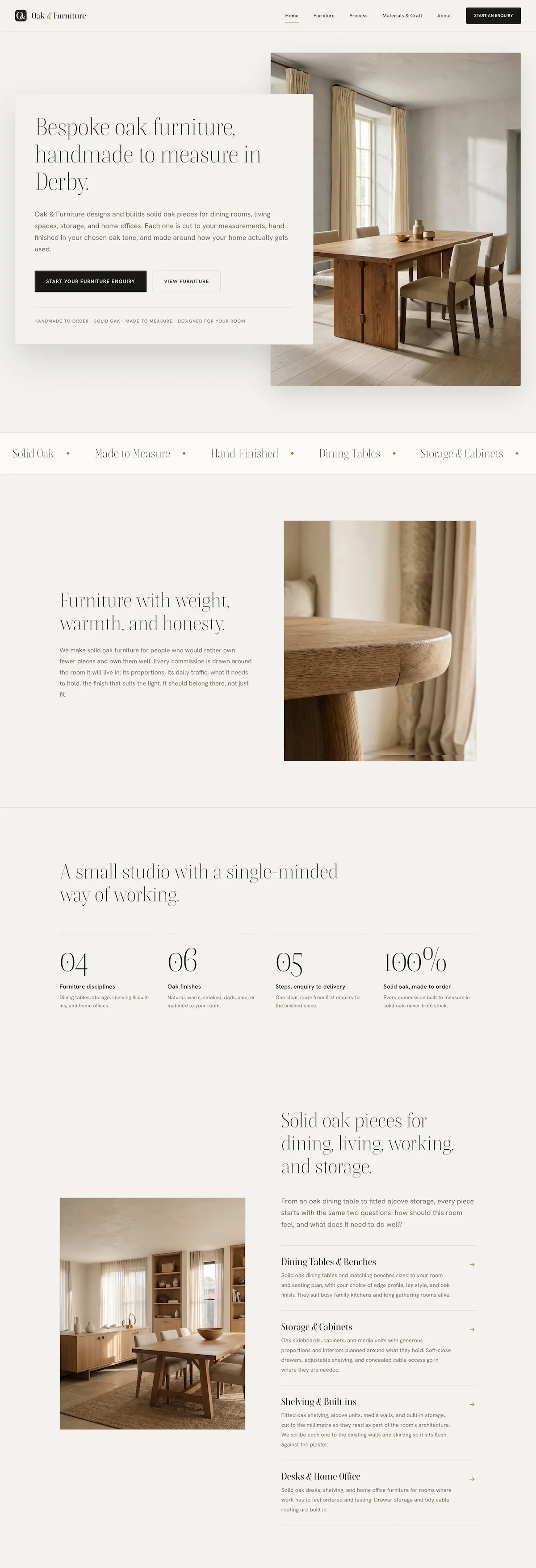 Full-length screenshot of the Oak & Furniture workshop website redesign