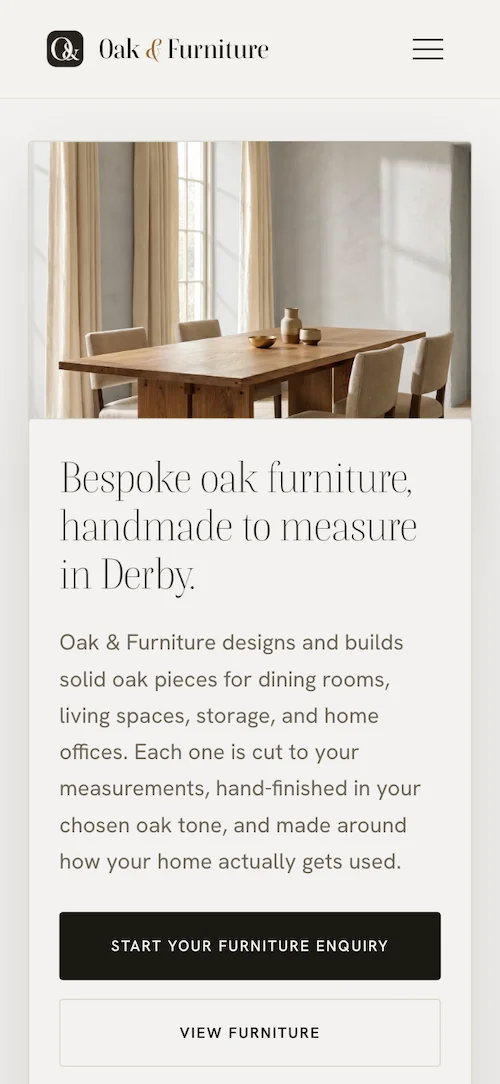 Mobile view of the Oak & Furniture home page