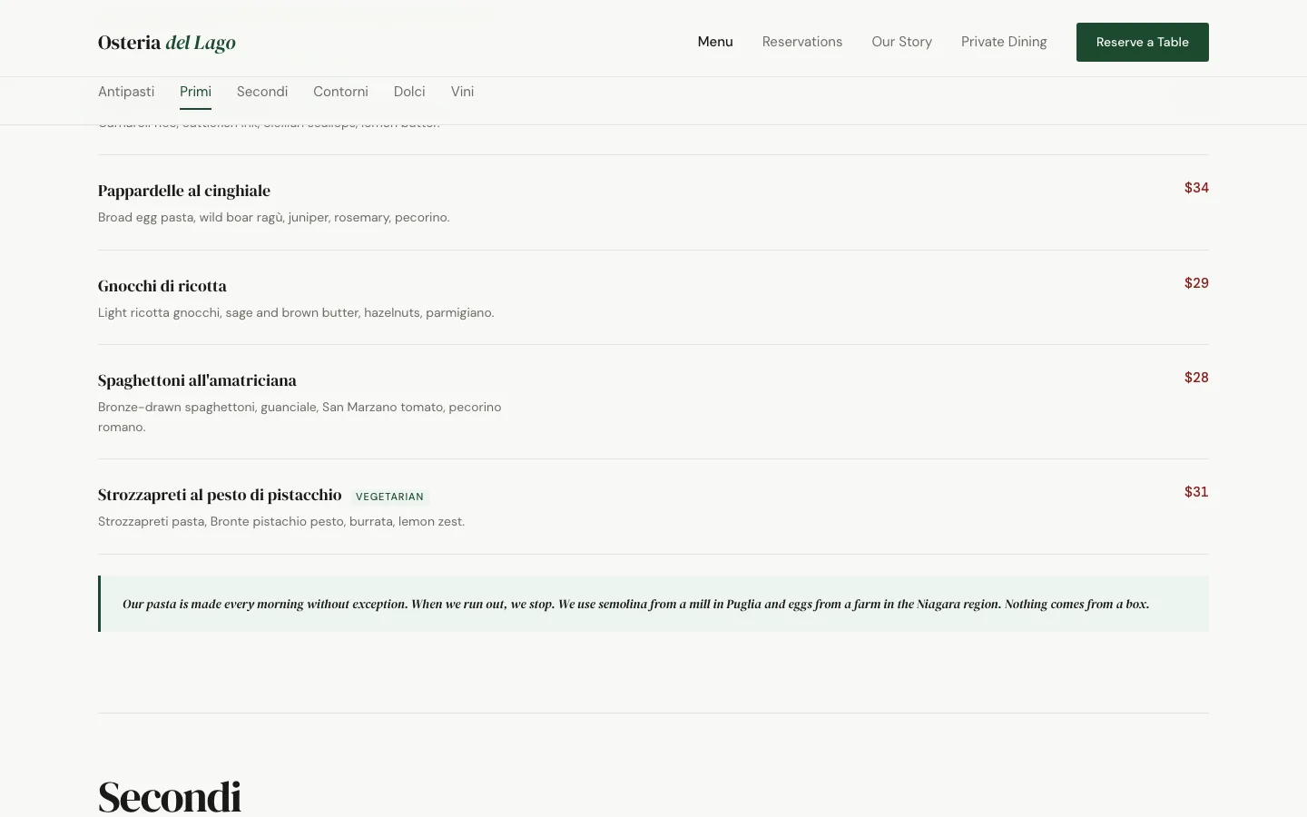 The menu page mid-scroll — the sticky category nav with the current course highlighted