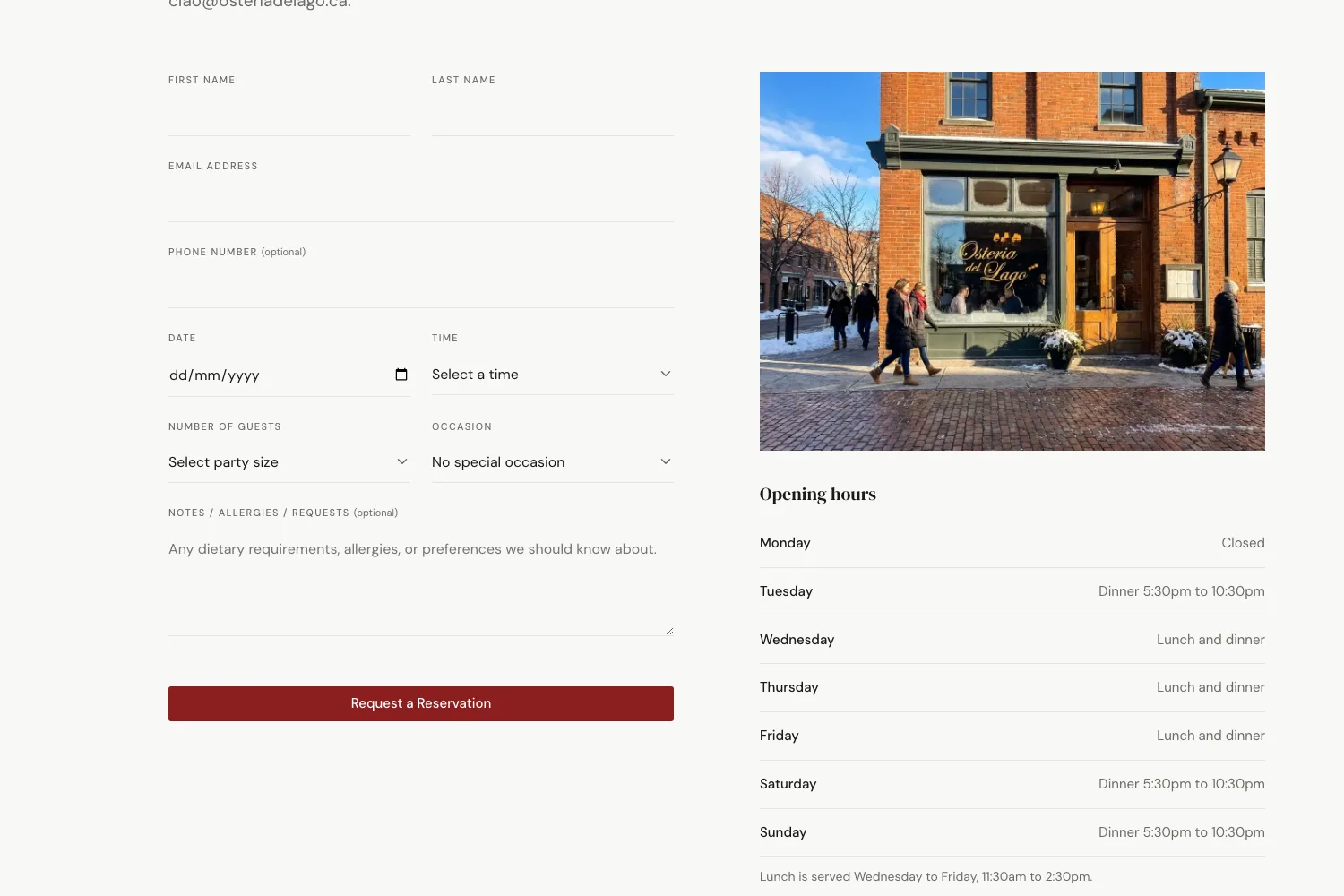 The reservations page — the booking form beside the storefront photo and opening hours
