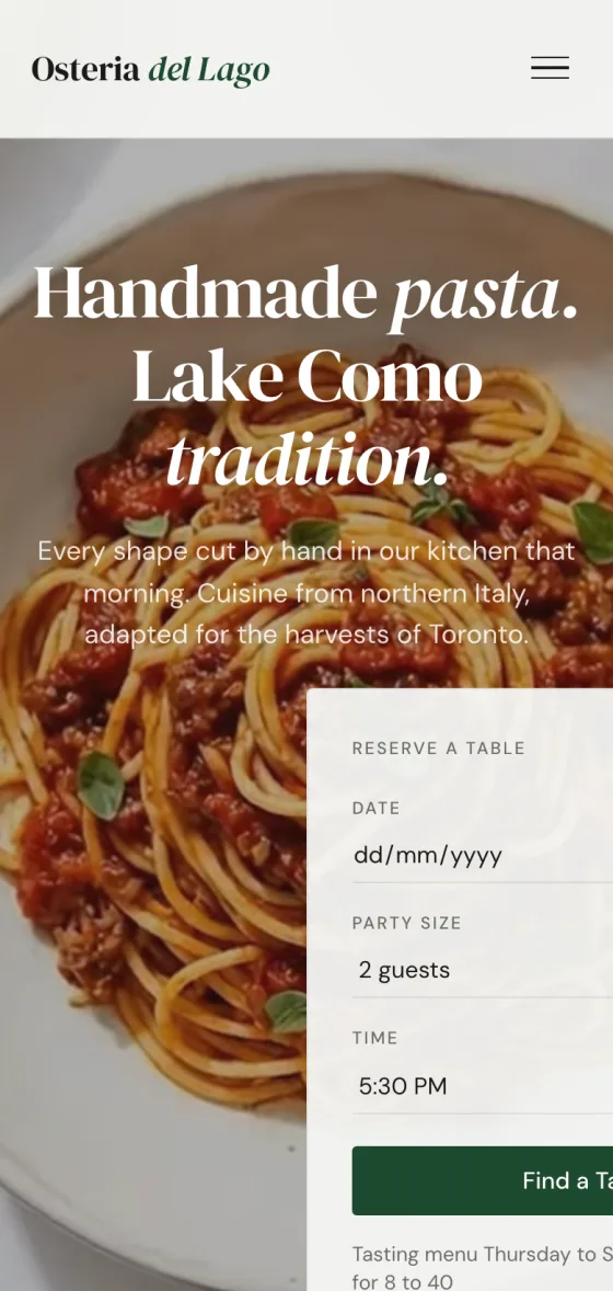 The Osteria del Lago home page on mobile