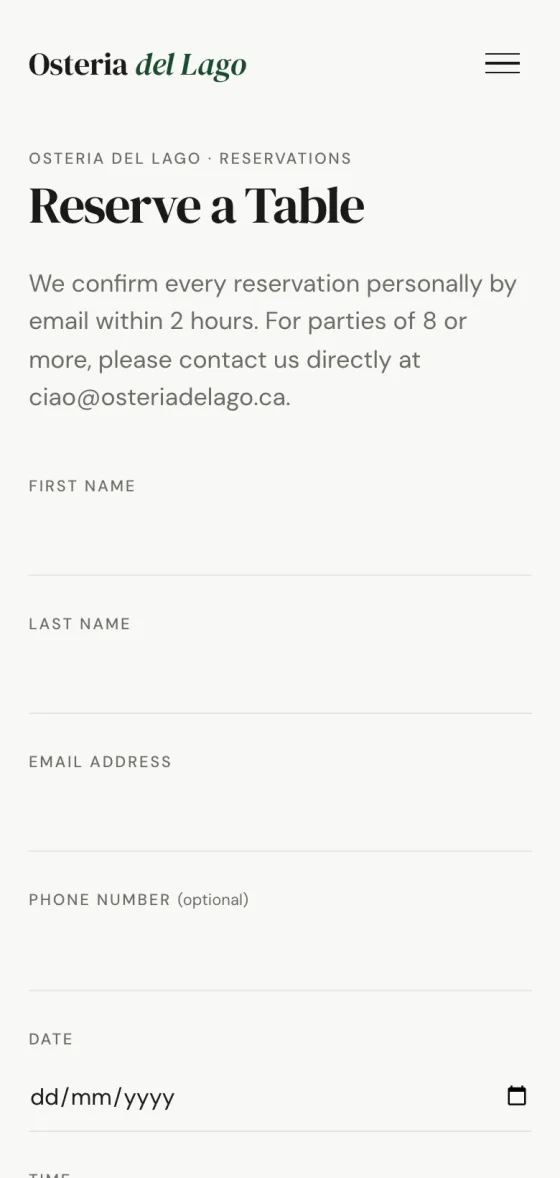 The reservations page on mobile