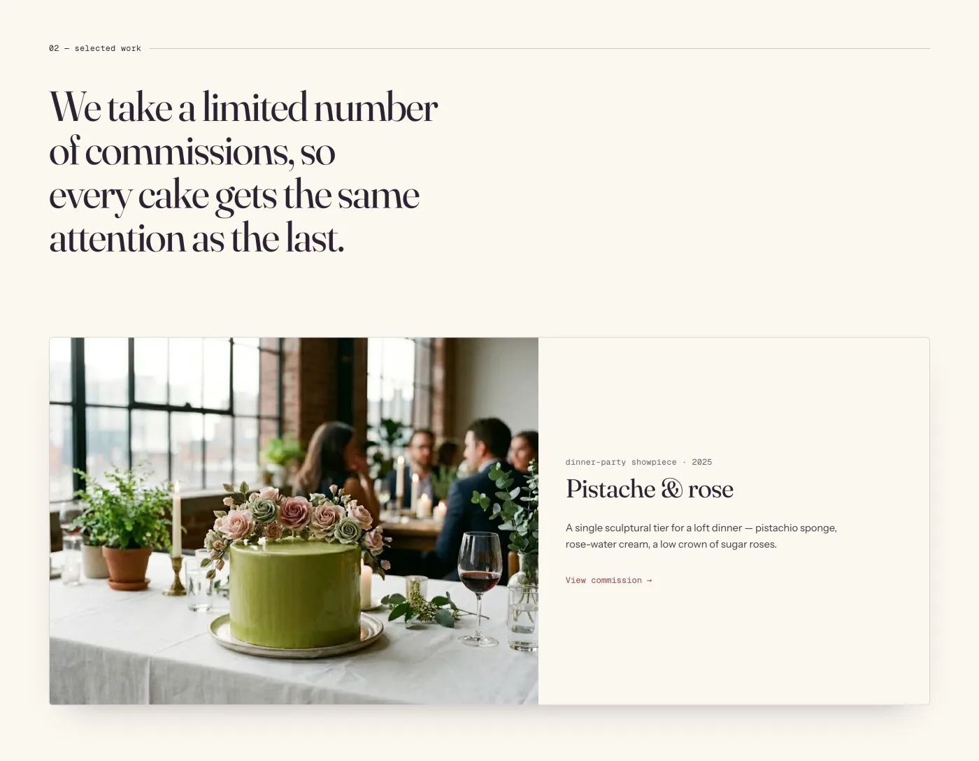 The commissions section — a cake paired with its name and details