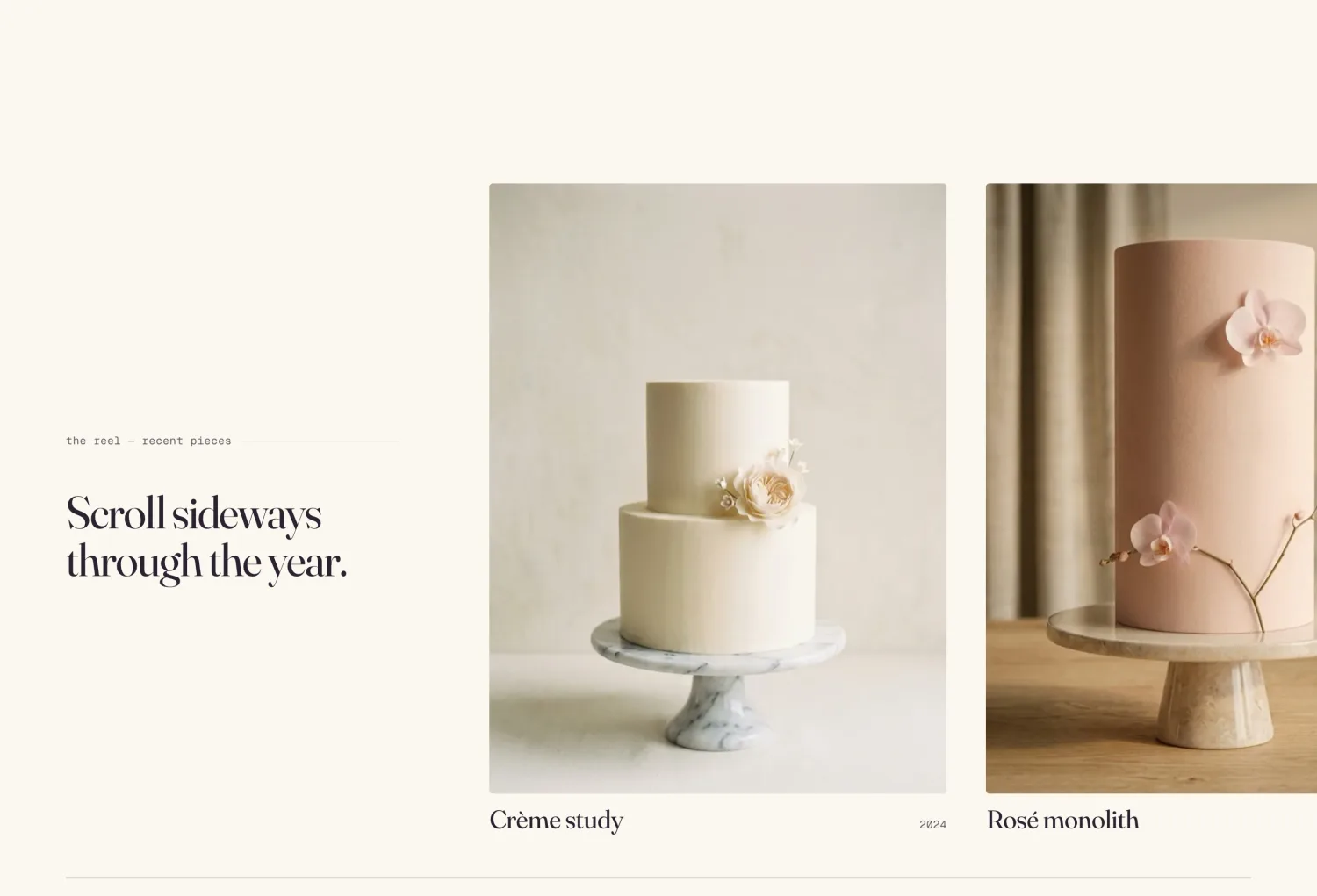 A horizontal gallery of recent cakes — ‘Scroll sideways through the year’