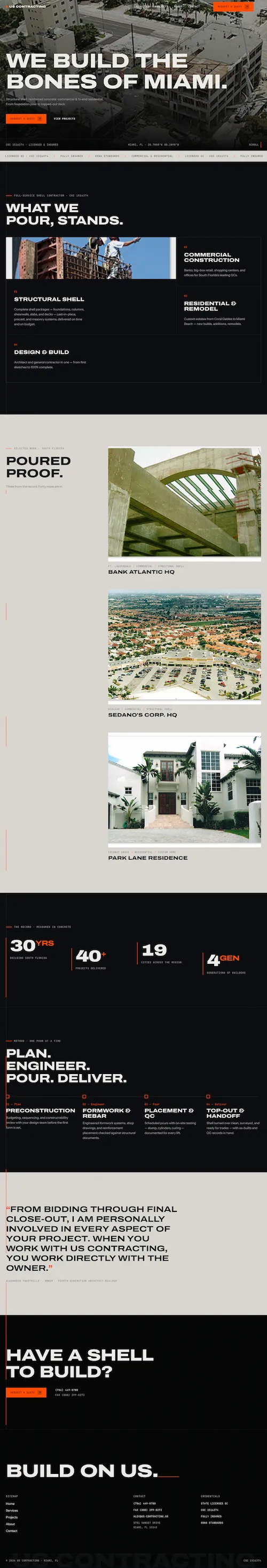 Section crop from the contracting company build — bold, high-contrast, quote-driven