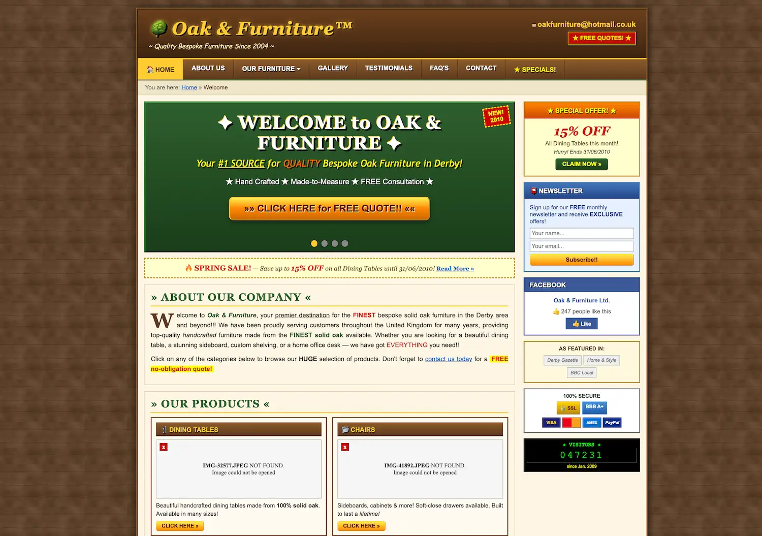 The old Oak & Furniture website before the redesign — dated template layout with dense text