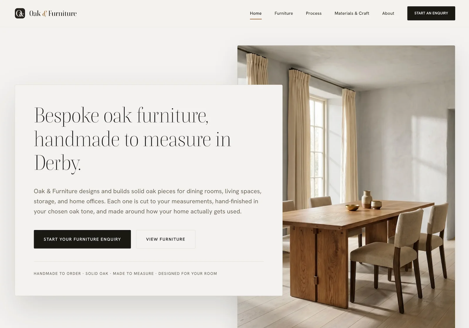 The redesigned Oak & Furniture homepage — clean layout leading with the workshop's own pieces